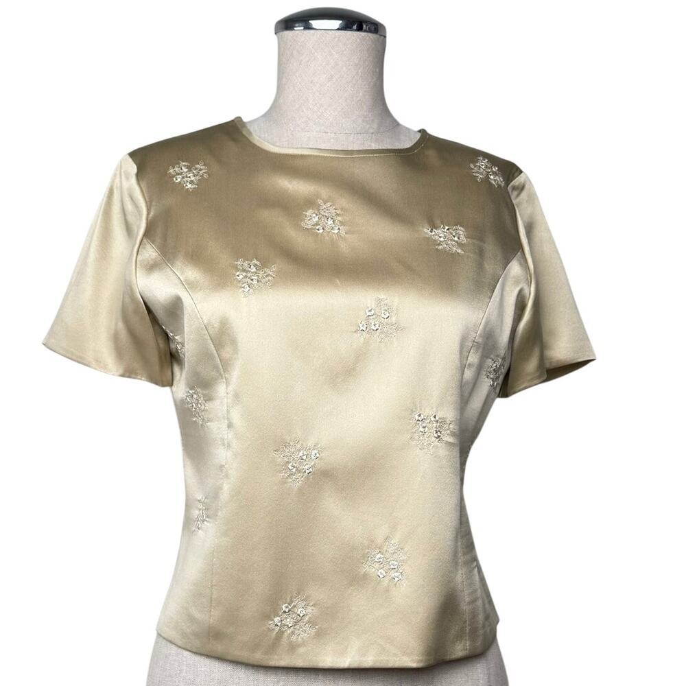 Vintage Talbots Petites 100% Silk Floral Embroidered Blouse Beige Size 2P